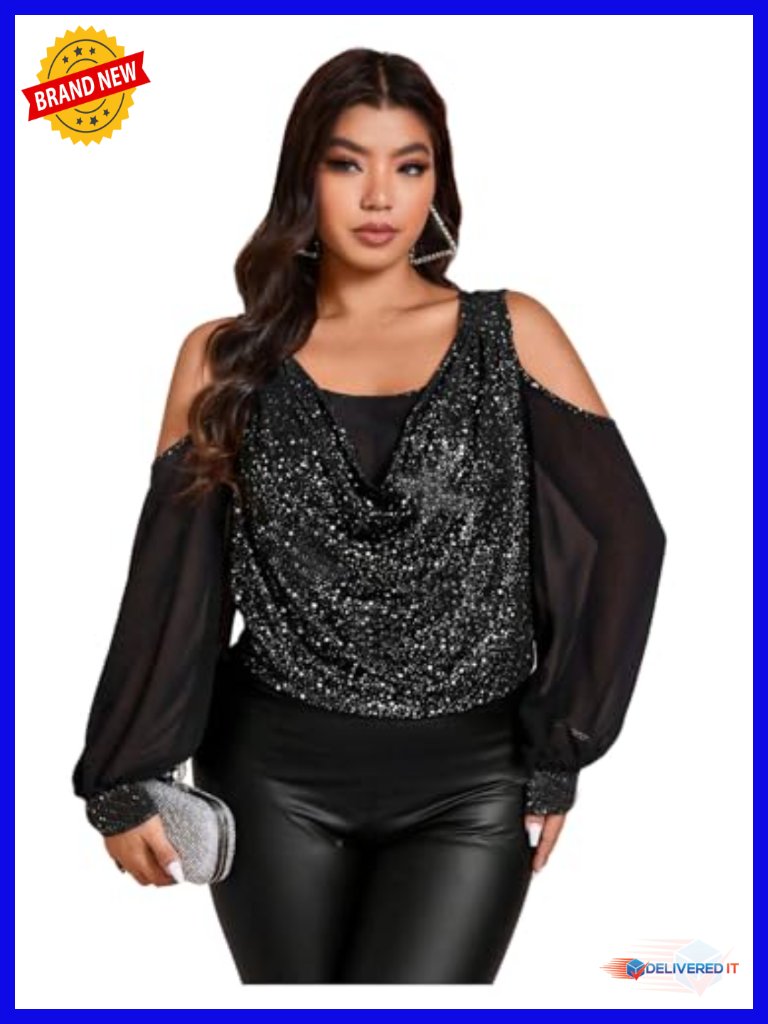 Plus Size Floral Embroidered Cold Shoulder Mesh Long Sleeve T-Shirt